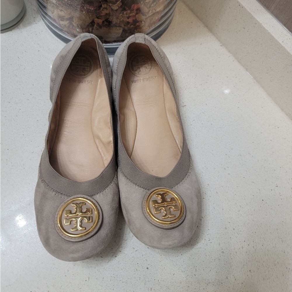 Tory Burch Taupe Suede Logo Ballet Flats with Gold Emblem